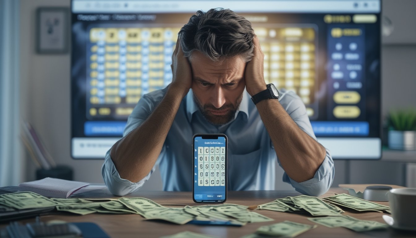 Seorang pria dewasa duduk di meja dengan tiket togel dan ponsel, tampak khawatir dan stres.