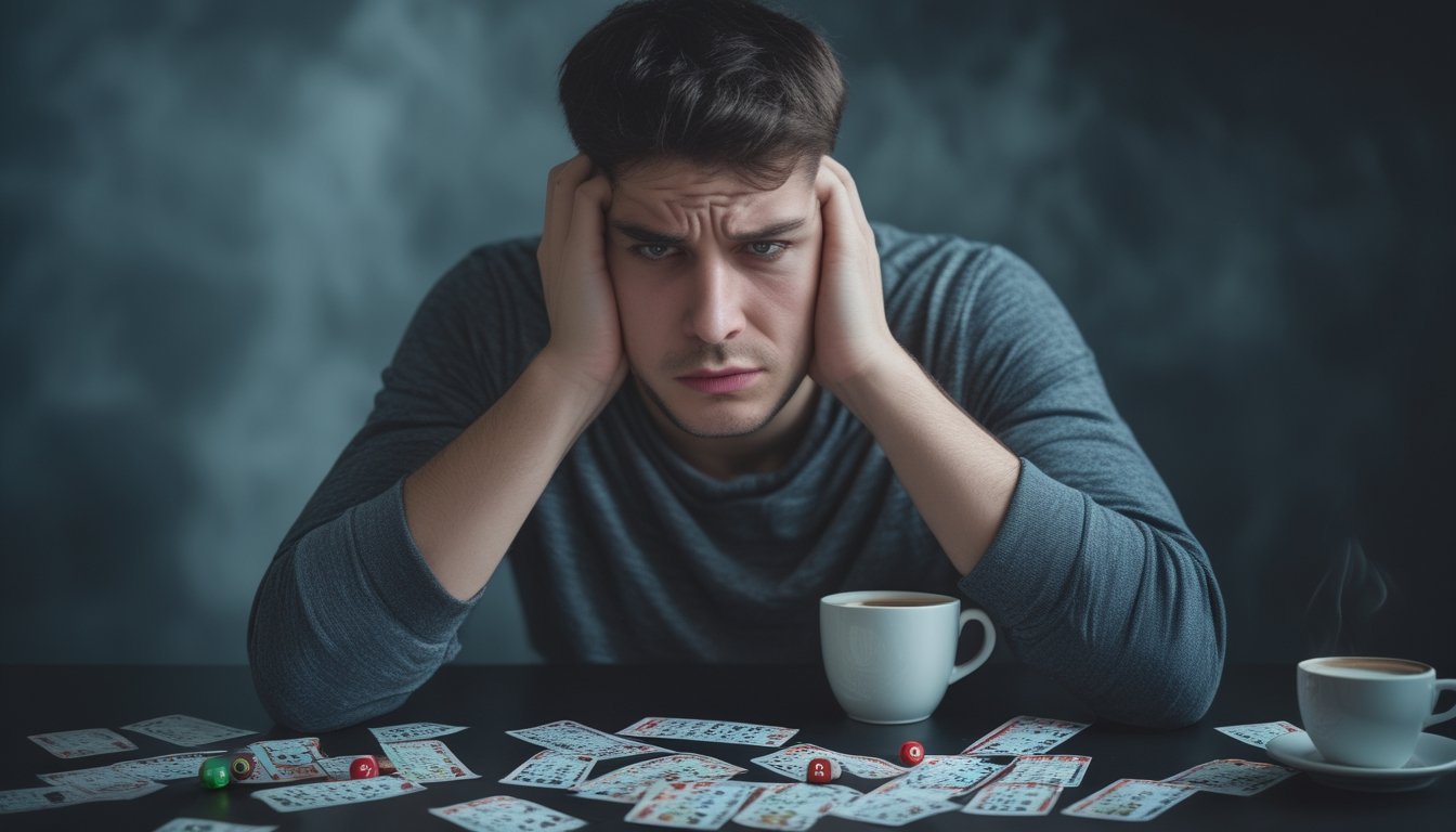 Seorang pria muda duduk sendirian di meja dengan ekspresi cemas, dikelilingi oleh tiket togel dan ponsel, menunjukkan dampak psikologis kecanduan judi.