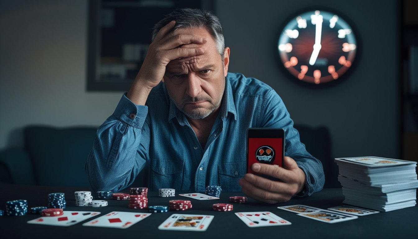 Seorang pria duduk sendiri di meja dengan ekspresi khawatir, dikelilingi oleh chip poker dan kartu remi, menunjukkan tanda-tanda masalah perjudian.