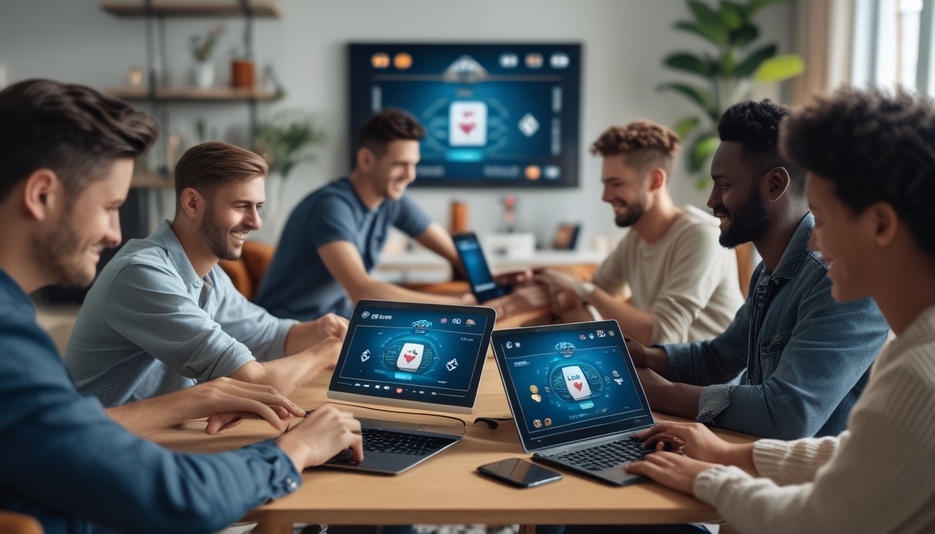 Sekelompok orang muda bermain poker online bersama di ruang tamu yang nyaman dengan perangkat digital.
