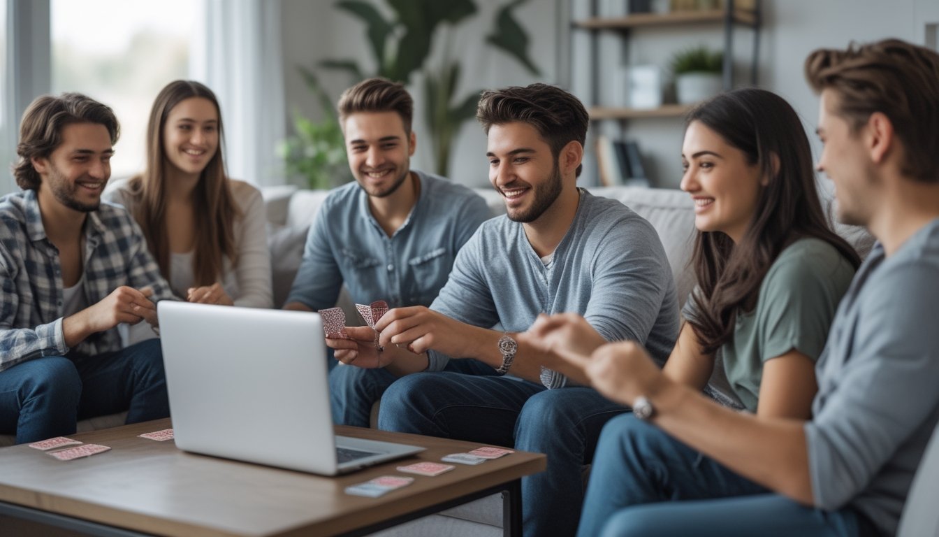 Sekelompok orang muda bermain poker online bersama di ruang tamu yang nyaman dengan laptop di atas meja.