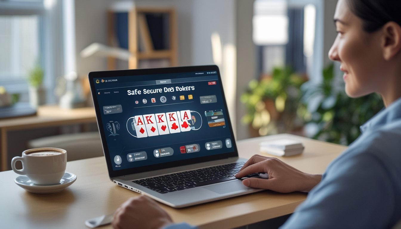 Seseorang duduk di depan laptop bermain poker online dengan suasana nyaman dan aman di ruang kerja rumah.