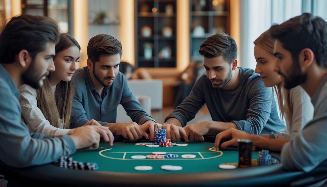 Sekelompok orang muda bermain poker di meja dengan kartu dan chip, tampak serius dan fokus.