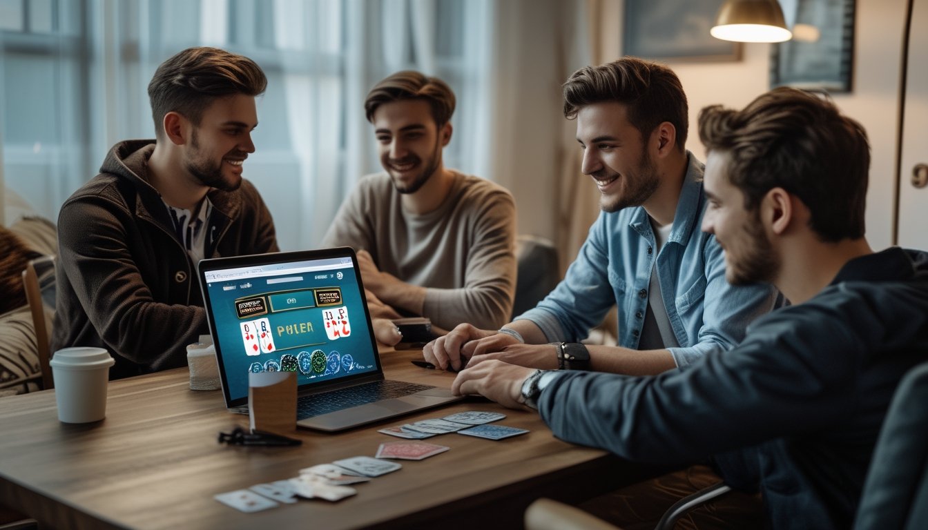 Sekelompok orang muda bermain poker online bersama di meja dengan laptop dan perlengkapan poker.