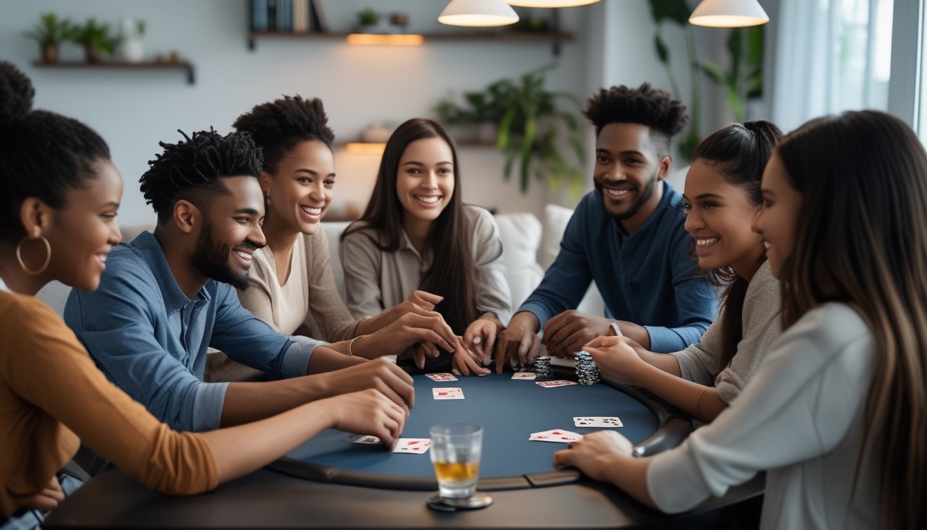 Sekelompok orang muda bermain poker bersama di ruang tamu yang nyaman dengan suasana ramah dan ceria.