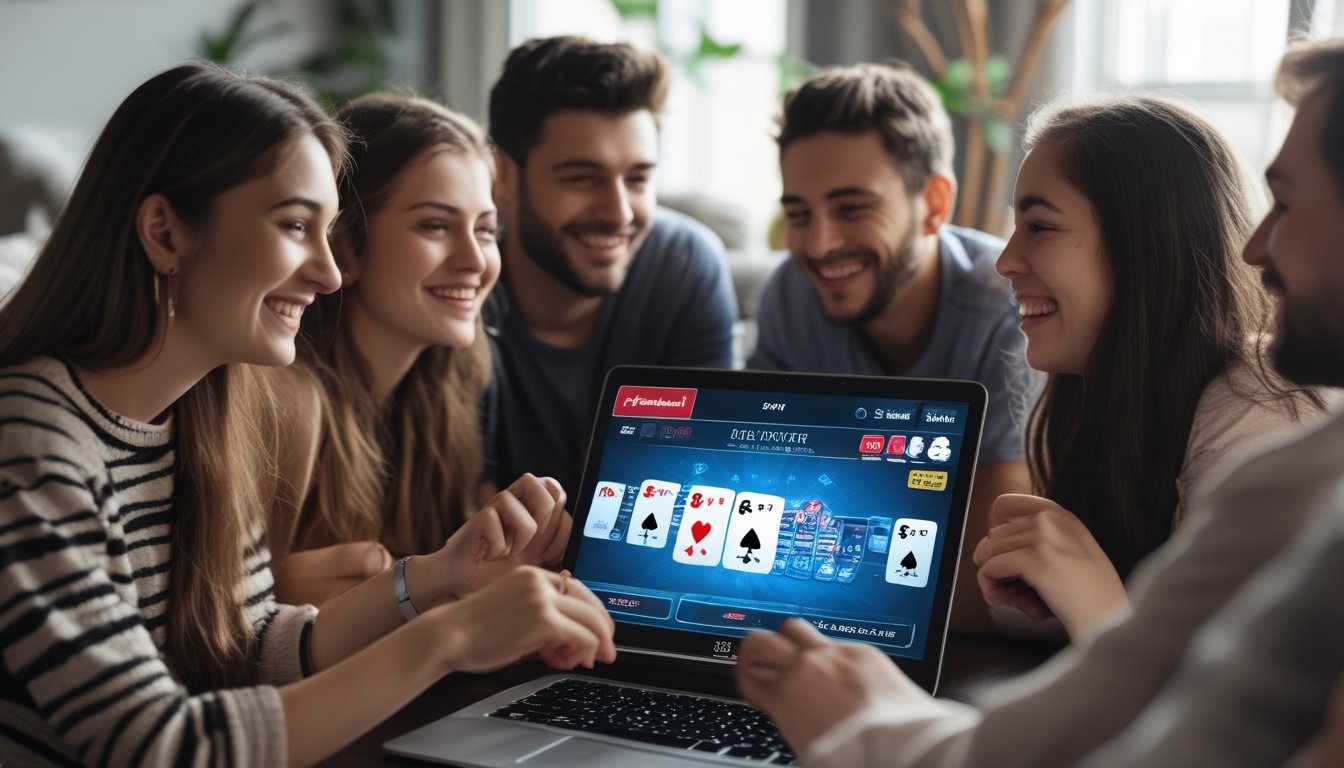 Sekelompok orang muda sedang bermain poker online bersama di ruang tamu yang nyaman dengan laptop di atas meja kopi.