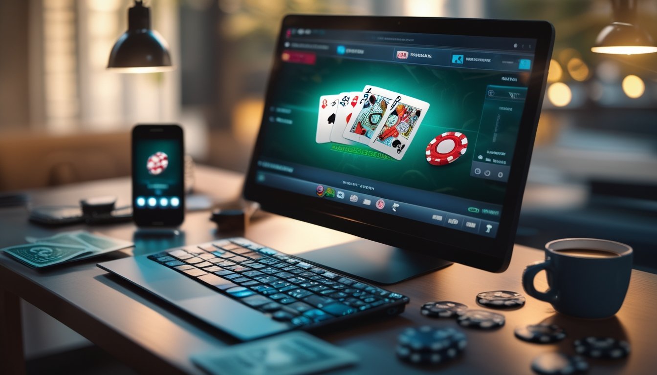 Sebuah meja kerja dengan komputer menampilkan permainan poker online dan beberapa kartu serta chip poker di sekitarnya.