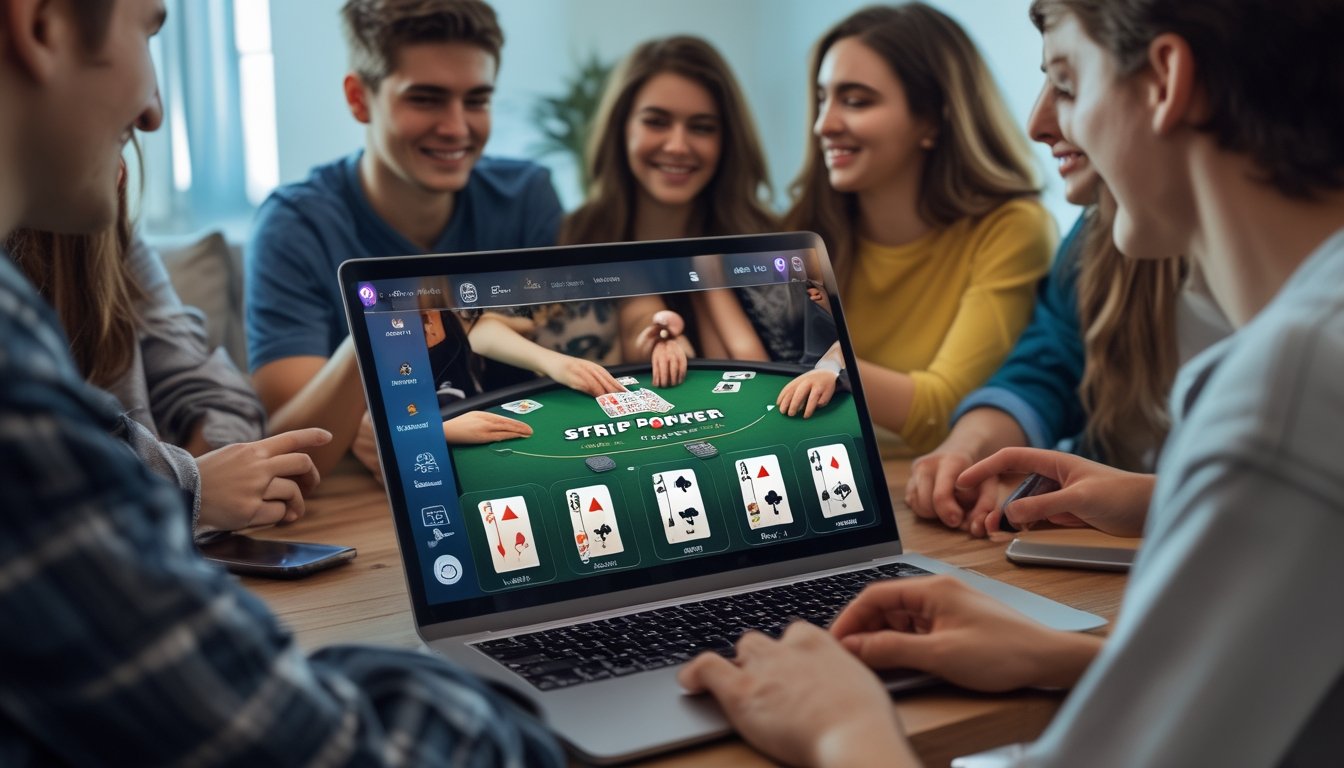 Sekelompok orang muda bermain poker online bersama di ruangan yang nyaman dengan laptop menampilkan permainan poker digital.