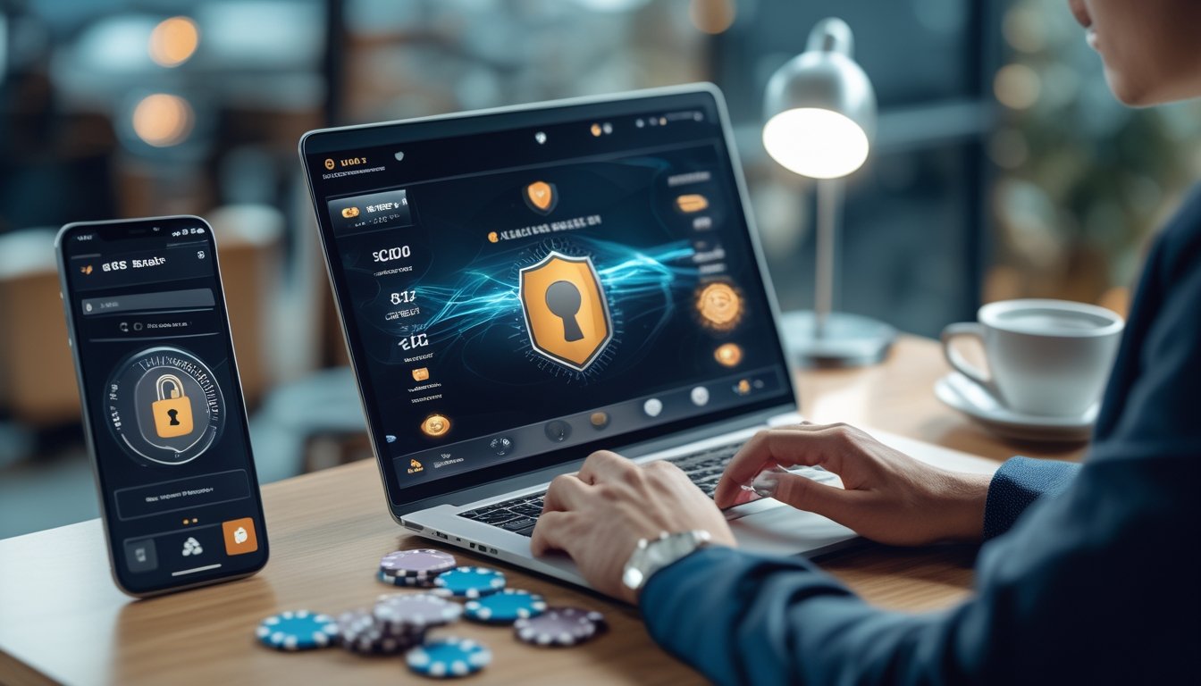 Seorang pengguna sedang bermain poker online di laptop dengan kartu dan chip poker di meja, menampilkan suasana permainan yang aman dan terpercaya.
