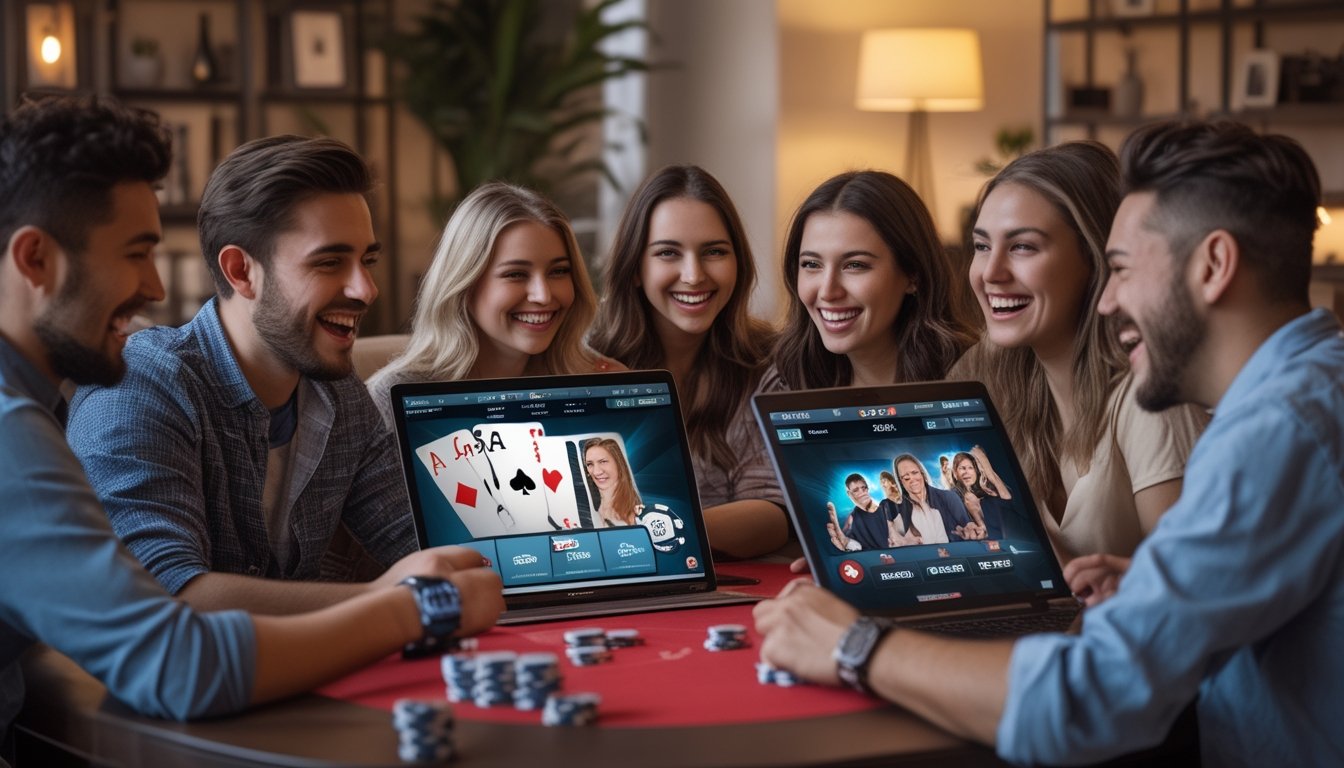 Sekelompok orang muda bermain poker online bersama menggunakan perangkat elektronik di ruang tamu yang nyaman.