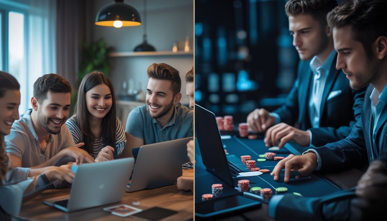 Dua kelompok orang bermain poker online, satu di lingkungan santai dan satu di suasana formal, menunjukkan perbandingan antara poker strip online gratis dan berbayar.