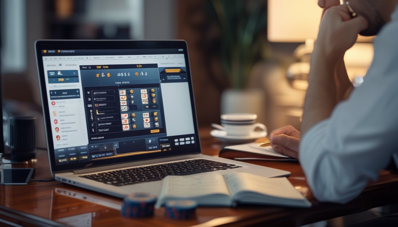 Seseorang sedang bermain poker online di laptop dengan kartu dan chip di meja, tampak fokus dan sedang merencanakan strategi.