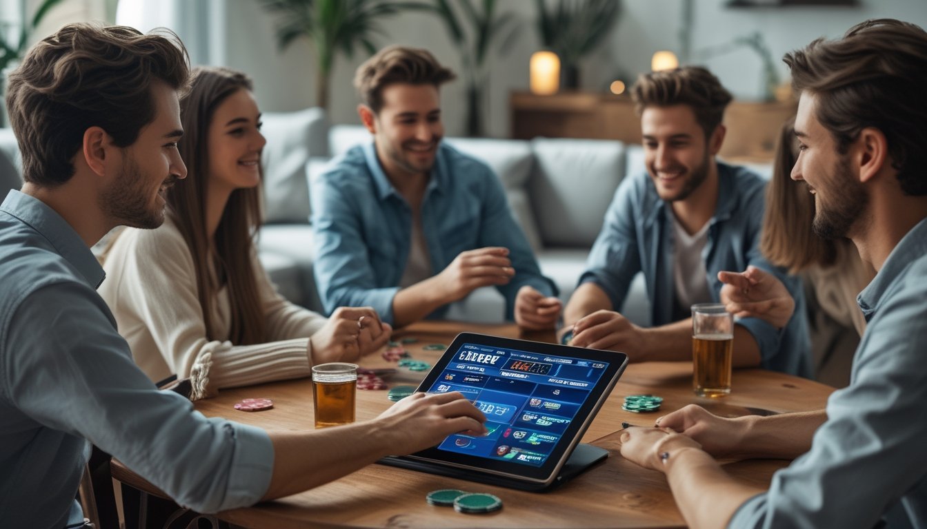 Sekelompok orang muda bermain poker online di ruang tamu dengan laptop dan kartu remi di meja.