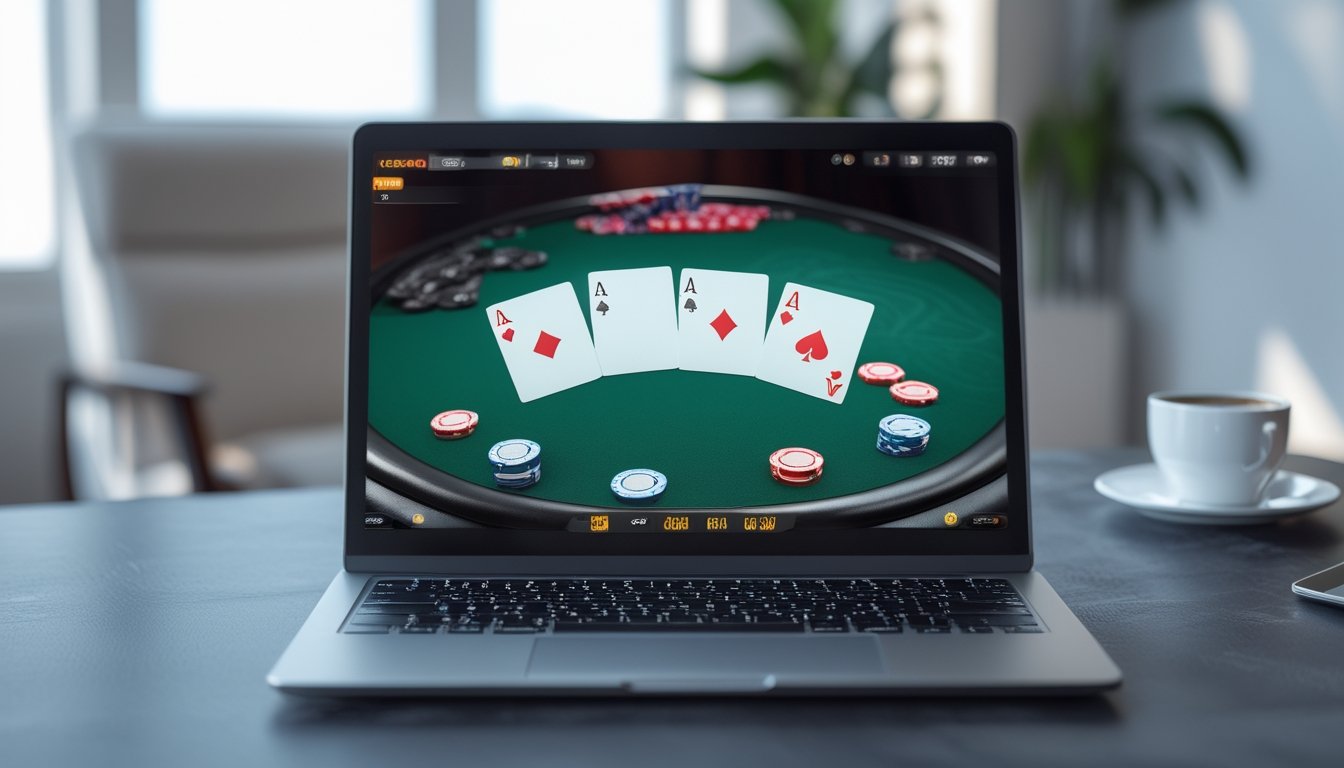 Seorang pemain duduk di depan laptop dengan permainan poker online terbuka di layar.