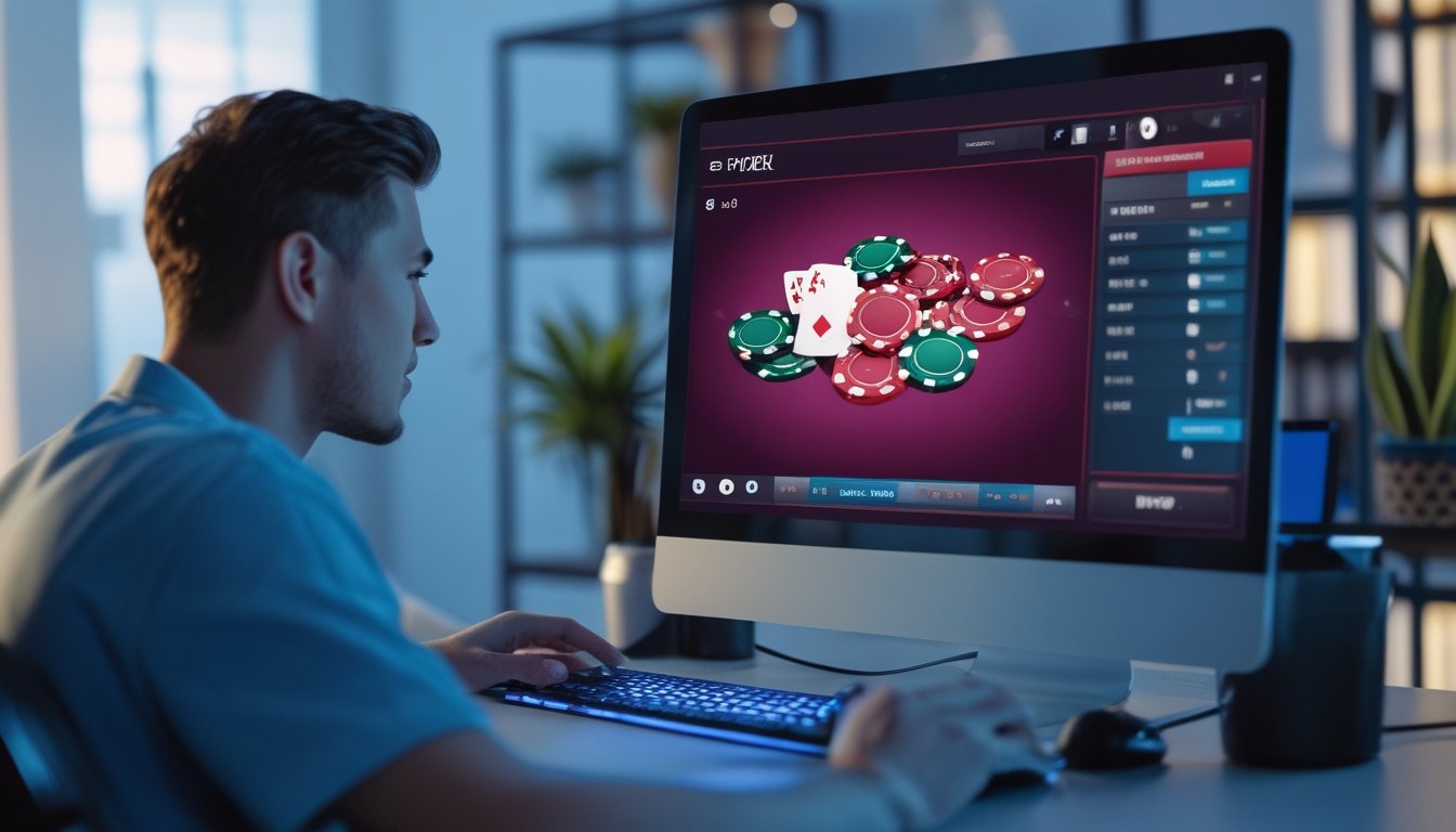 Seorang dewasa muda sedang bermain strip poker online di komputer dengan latar ruangan rumah yang rapi dan pencahayaan hangat.