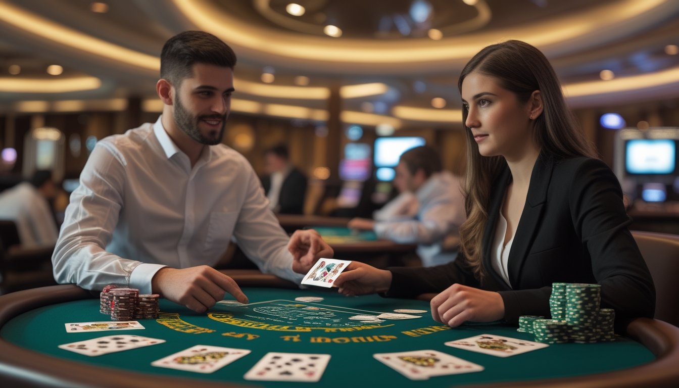 Seorang pemain pemula belajar bermain blackjack di meja kasino dengan dealer yang menjelaskan aturan permainan.