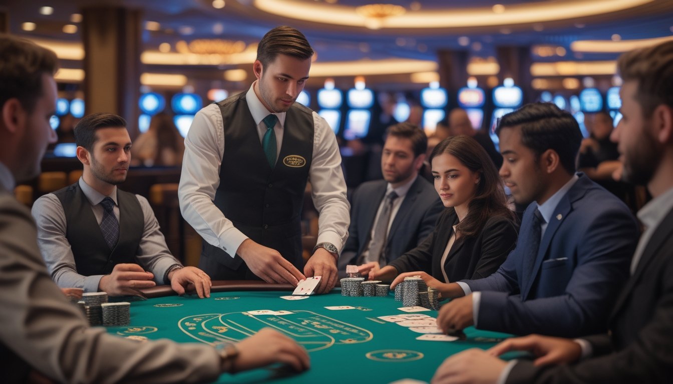 Meja blackjack di kasino dengan dealer dan pemain yang sedang bermain kartu, suasana ramai dan profesional.