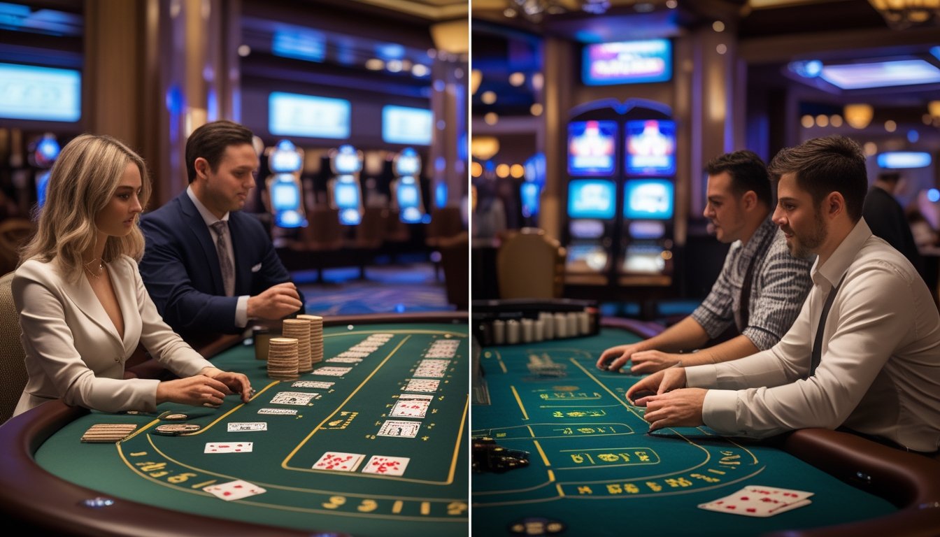 Dua meja blackjack berdampingan di kasino dengan pemain dan dealer, menunjukkan perbedaan antara permainan Atlantic City dan Classic Blackjack.