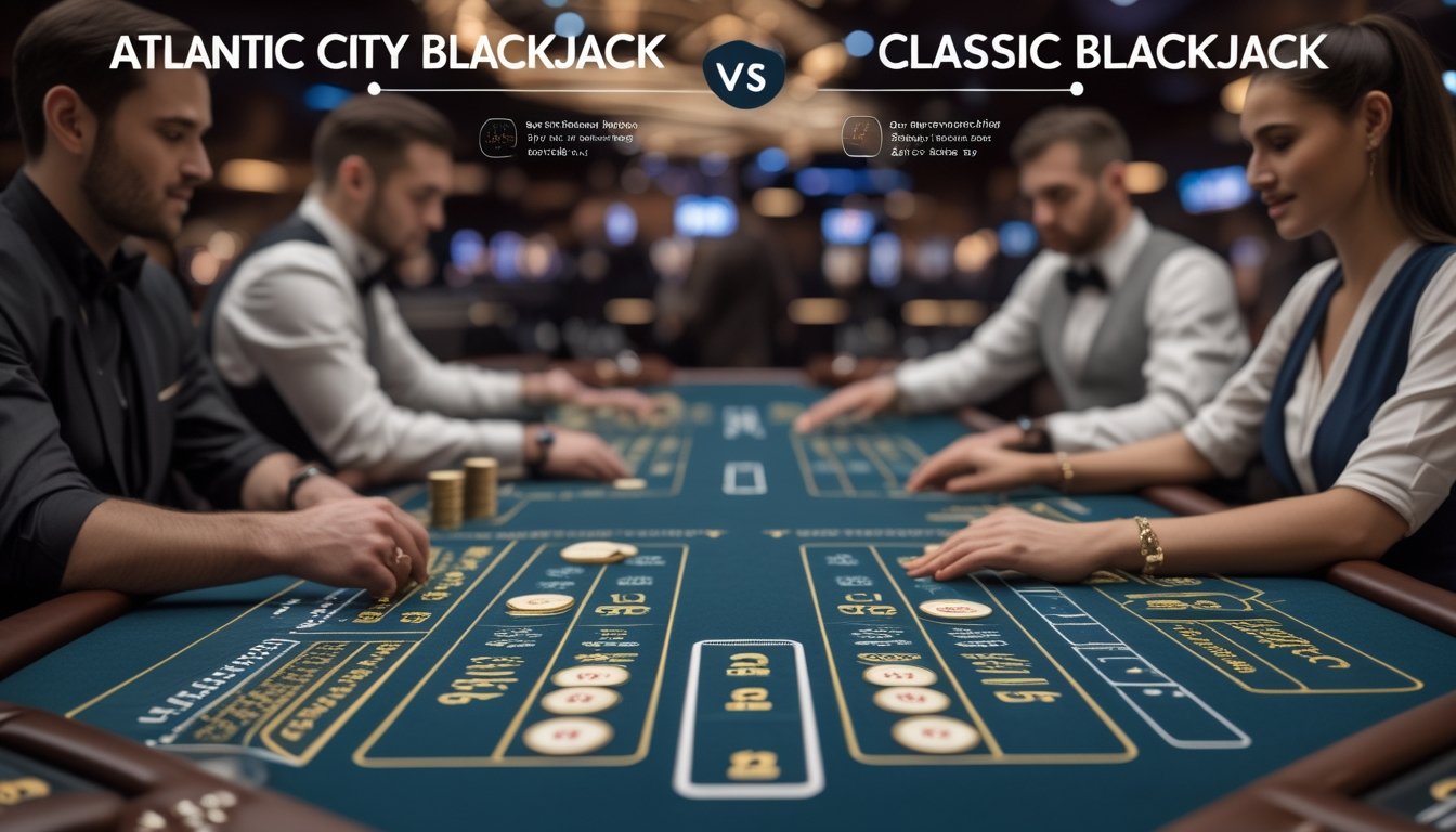 Meja blackjack di kasino dengan dua variasi permainan yang berbeda, menampilkan kartu dan chip taruhan di lingkungan kasino yang terang.