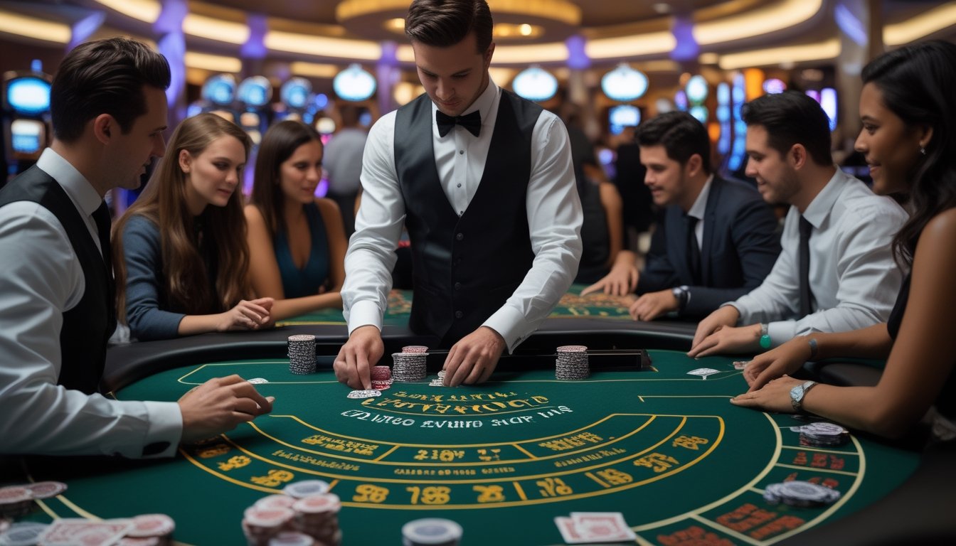 Meja blackjack di kasino Atlantic City dengan dealer dan pemain yang fokus bermain kartu.