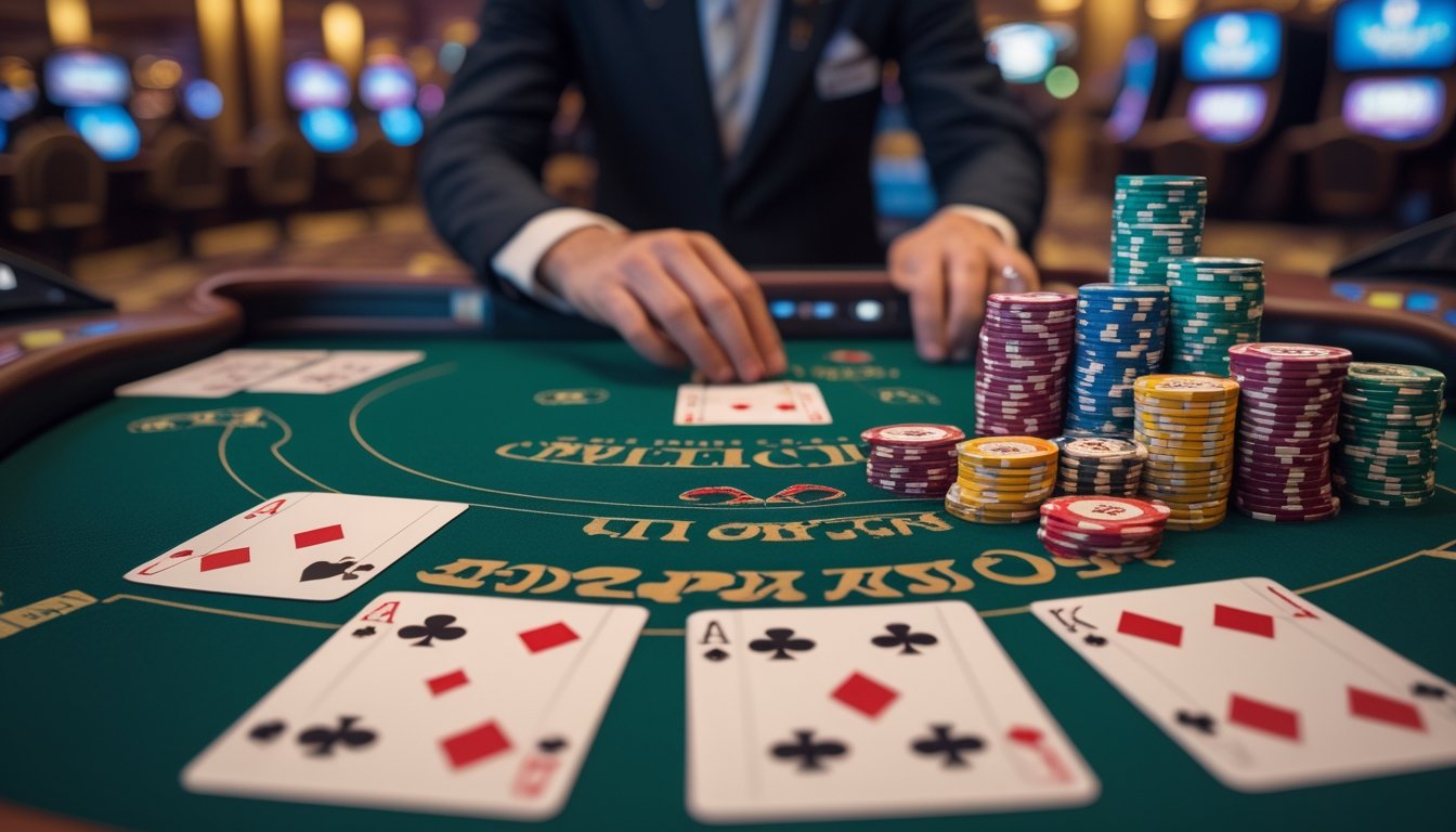 Meja blackjack di kasino dengan kartu, tumpukan chip, dan dealer yang sedang membagikan kartu.