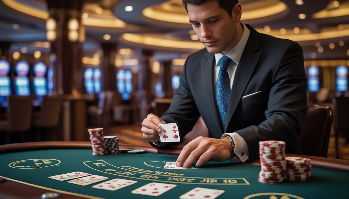 Seorang pemain dan dealer di meja blackjack di kasino, dengan tumpukan chip dan kartu di atas meja.