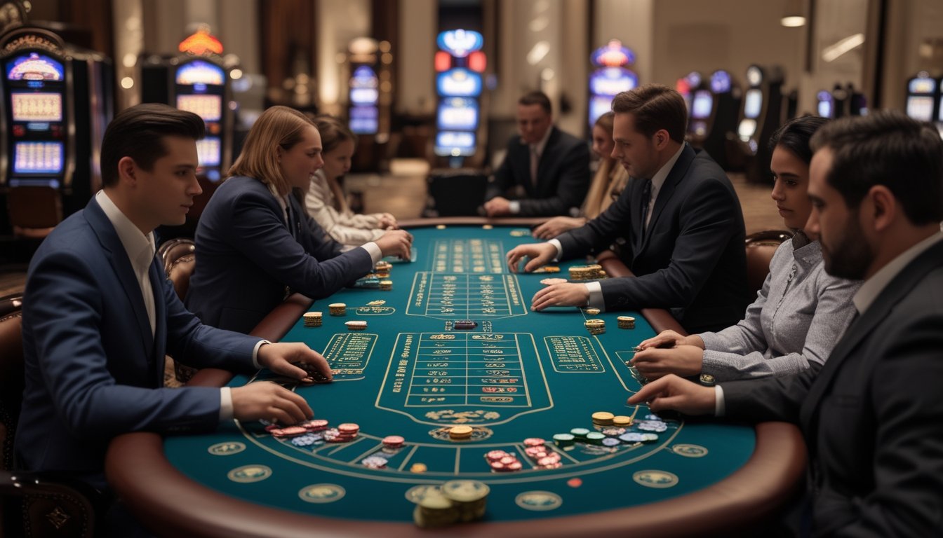 Meja blackjack di kasino dengan dealer dan pemain yang fokus bermain kartu.