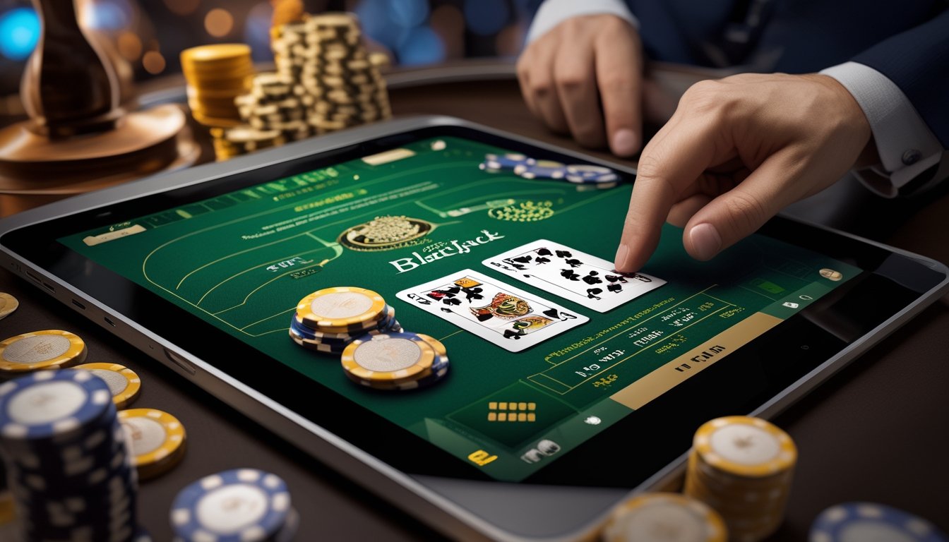 Layar komputer menampilkan permainan blackjack Atlantic City dengan kartu dan tumpukan chip di meja kasino online.