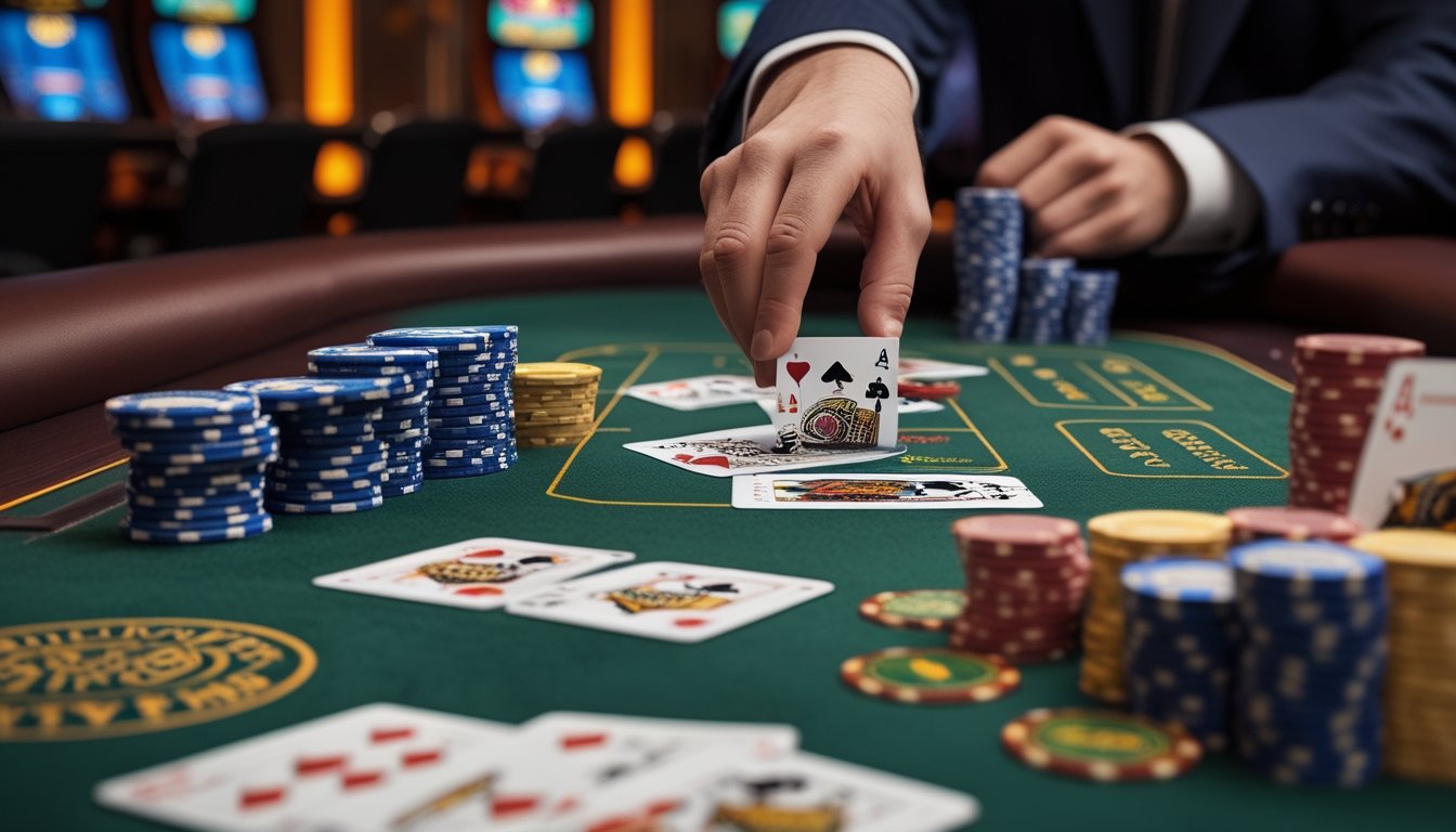 Meja blackjack di kasino dengan kartu dan tumpukan chip, memperlihatkan suasana permainan blackjack yang sibuk.