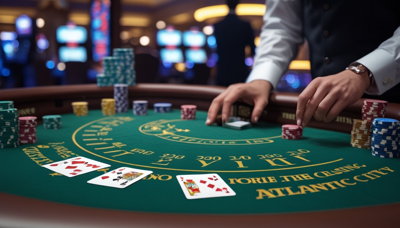 Meja blackjack di kasino dengan pemain dan dealer yang sedang bermain, tumpukan chip dan kartu terlihat di atas meja.