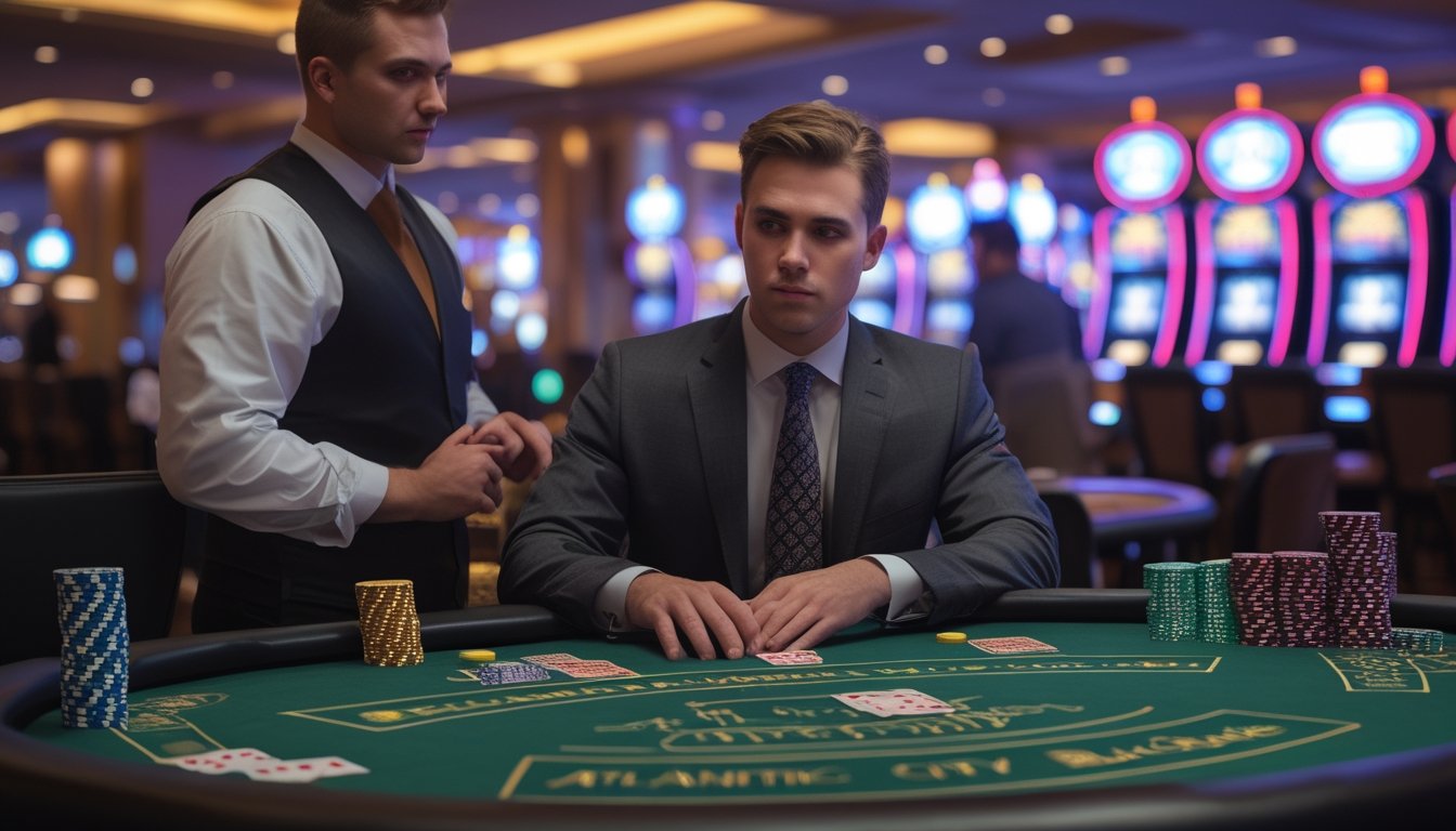 Seorang pemain dan dealer di meja blackjack di kasino dengan kartu dan chip tertata rapi.