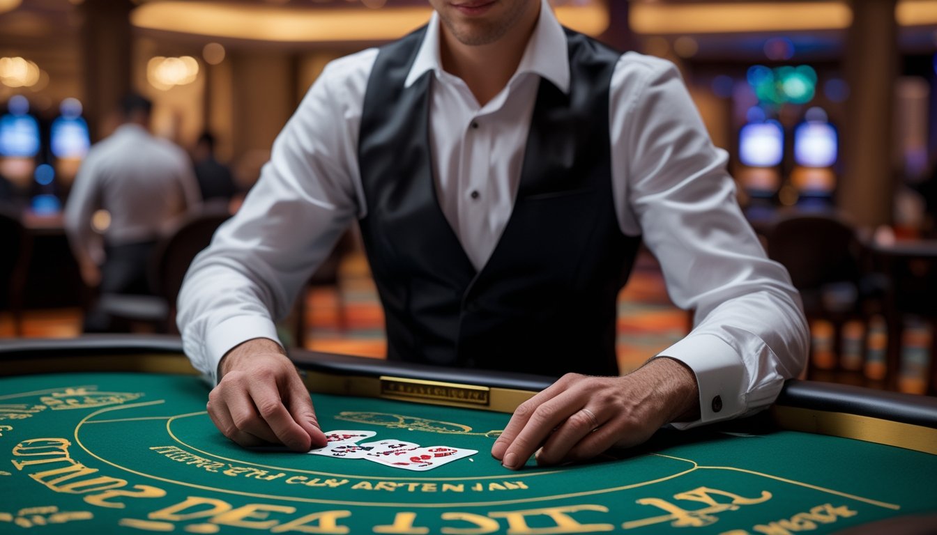 Seorang dealer berjubah rapi sedang membagikan kartu di meja blackjack dengan chip dan kartu terlihat jelas di kasino.