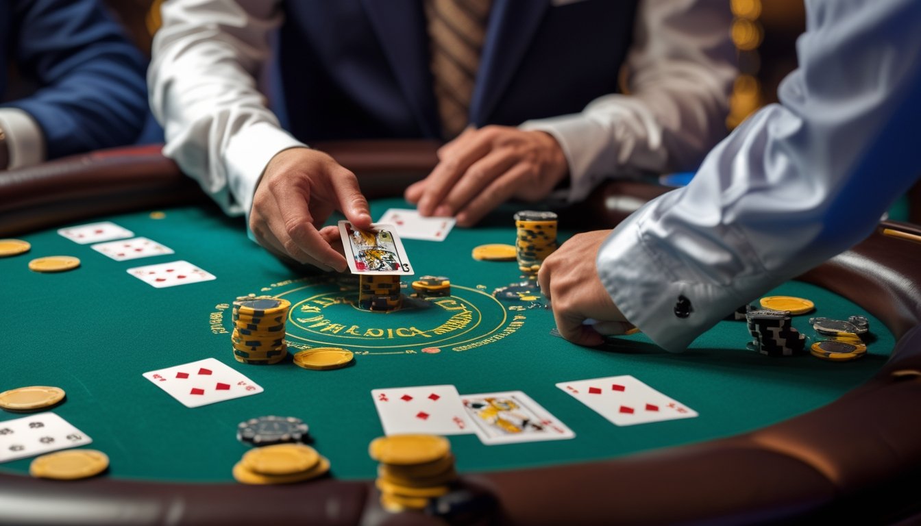 Meja blackjack di kasino dengan dealer membagikan kartu dan pemain yang sedang bermain.