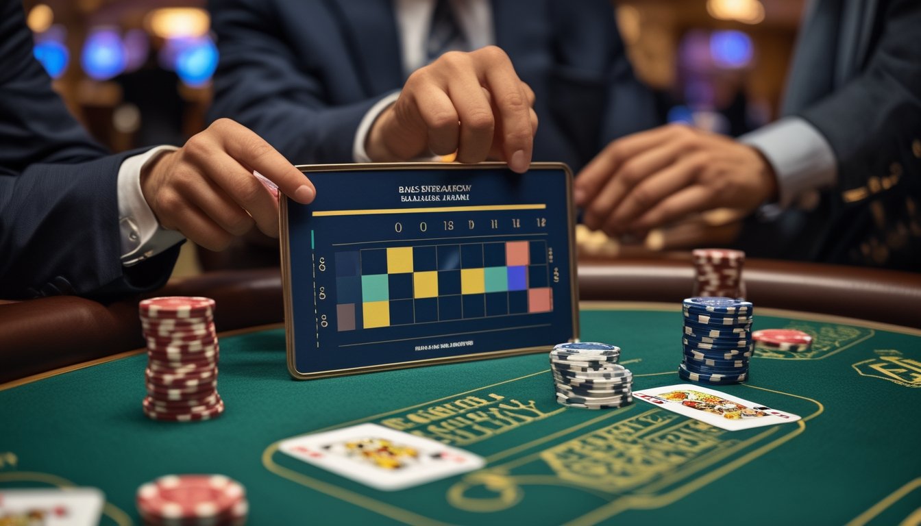 Seorang pemain blackjack memegang kartu di meja kasino dengan tumpukan chip dan diagram strategi dasar blackjack di sampingnya.