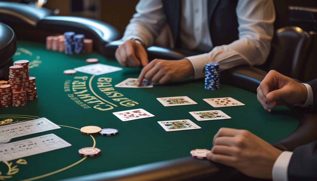 Seorang pemain sedang bermain blackjack di meja kasino dengan kartu dan chip di depan mereka.