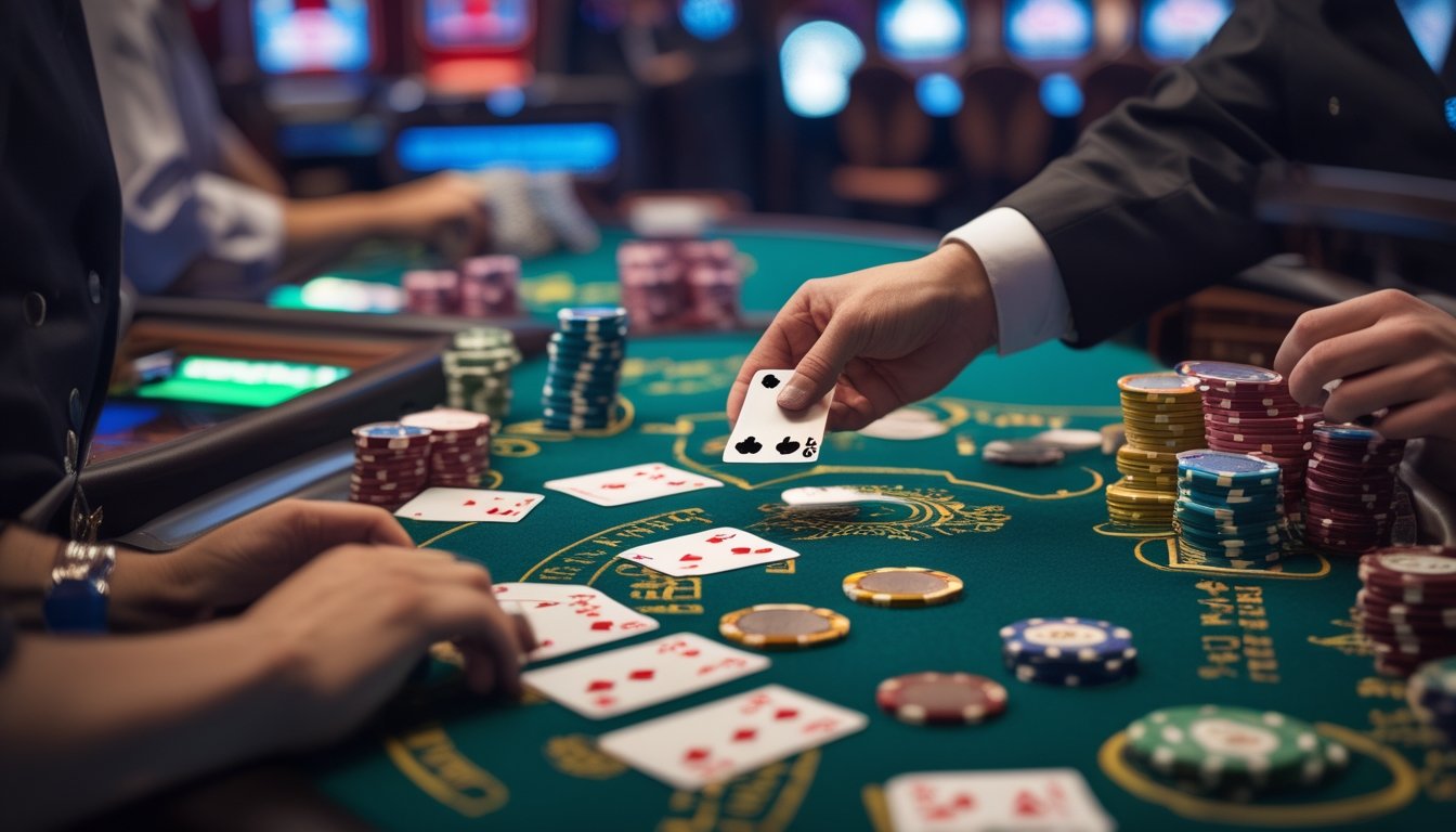 Meja blackjack di kasino Atlantic City dengan kartu dan tumpukan chip, dealer membagikan kartu kepada pemain.