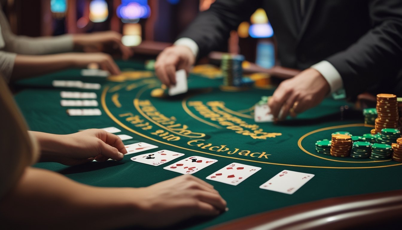 Meja blackjack di kasino dengan kartu dan chip yang tersusun rapi, dealer sedang membagikan kartu kepada pemain.