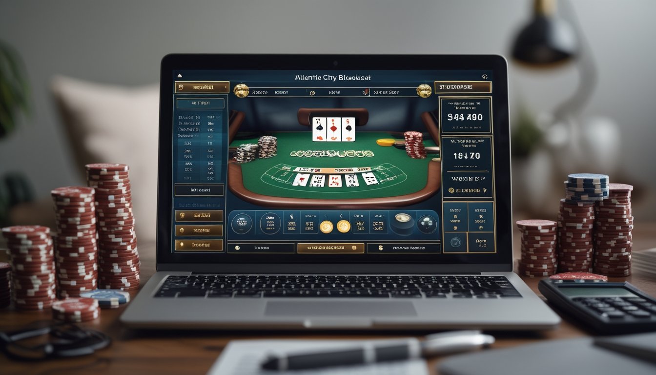 Seorang pemain sedang mengelola modal saat bermain Atlantic City Blackjack di kasino online dengan laptop dan tumpukan chip di meja.