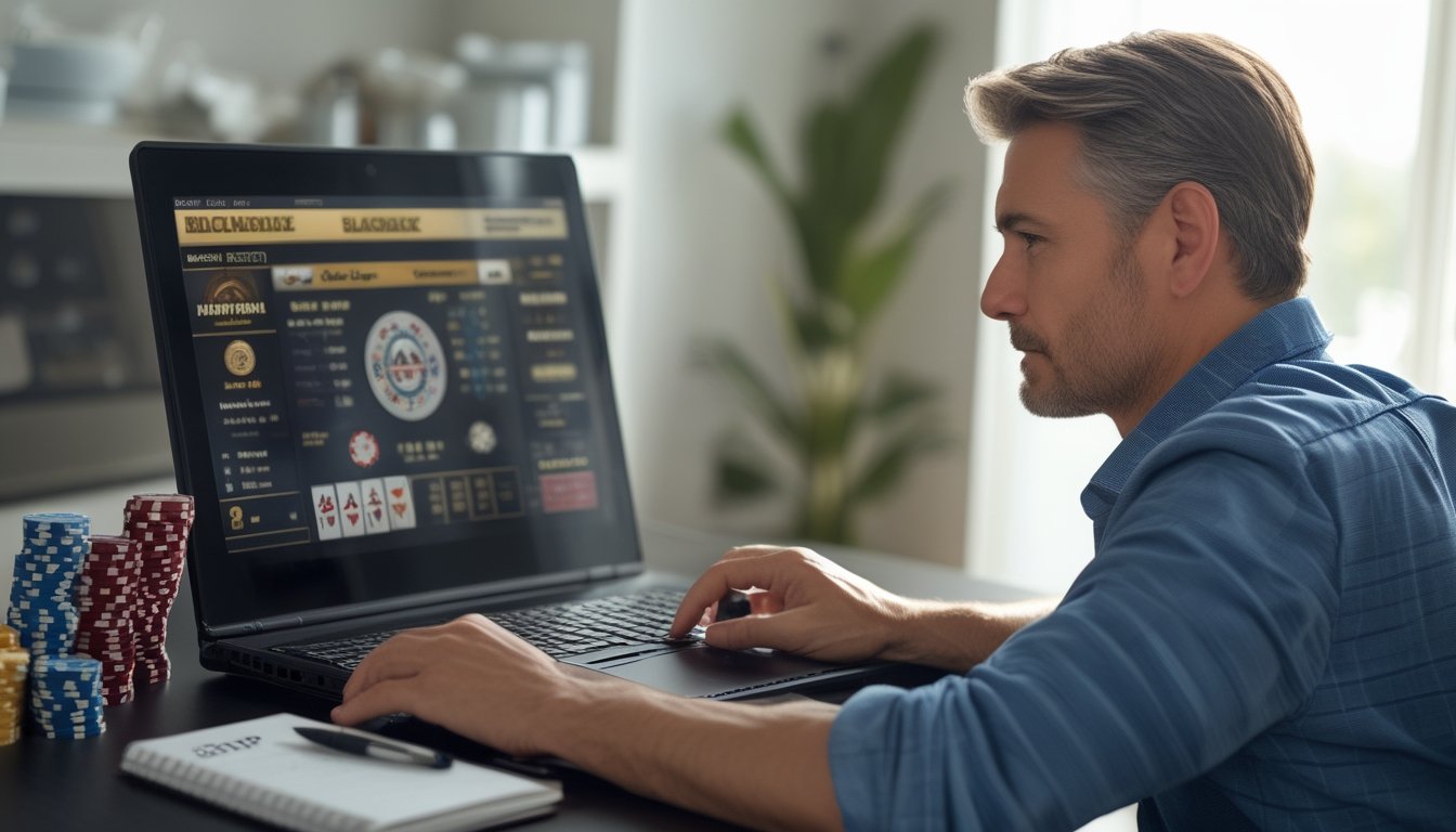 Seorang pria dewasa duduk di depan laptop bermain blackjack online dengan tumpukan chip dan buku catatan di meja.