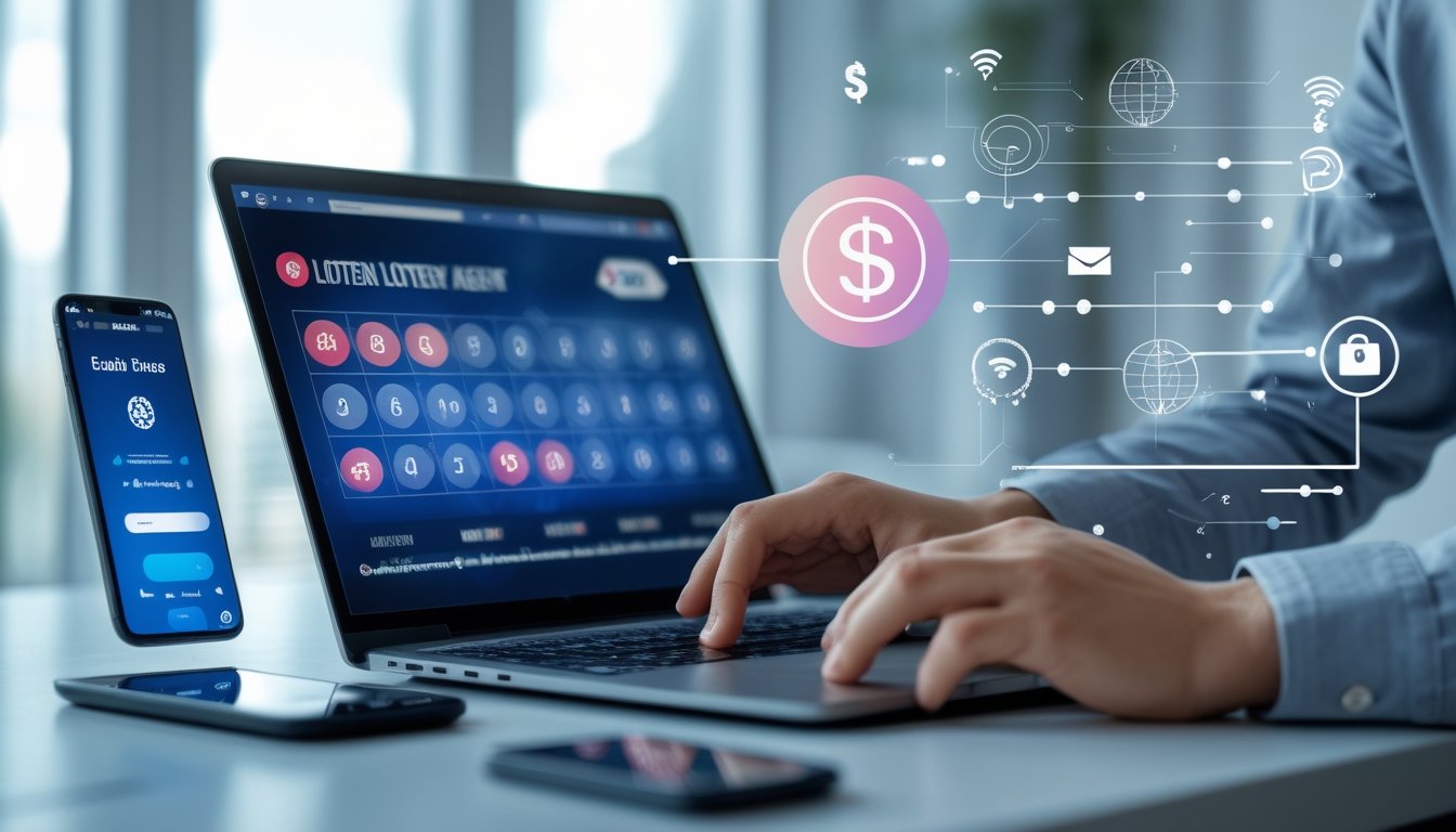 Seseorang menggunakan laptop dan ponsel di meja kerja yang rapi dengan tampilan antarmuka digital lotere online di layar.