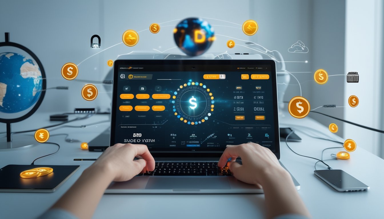 Seseorang sedang menggunakan laptop dengan tampilan antarmuka lotere digital dan simbol koneksi internet di sekitarnya.
