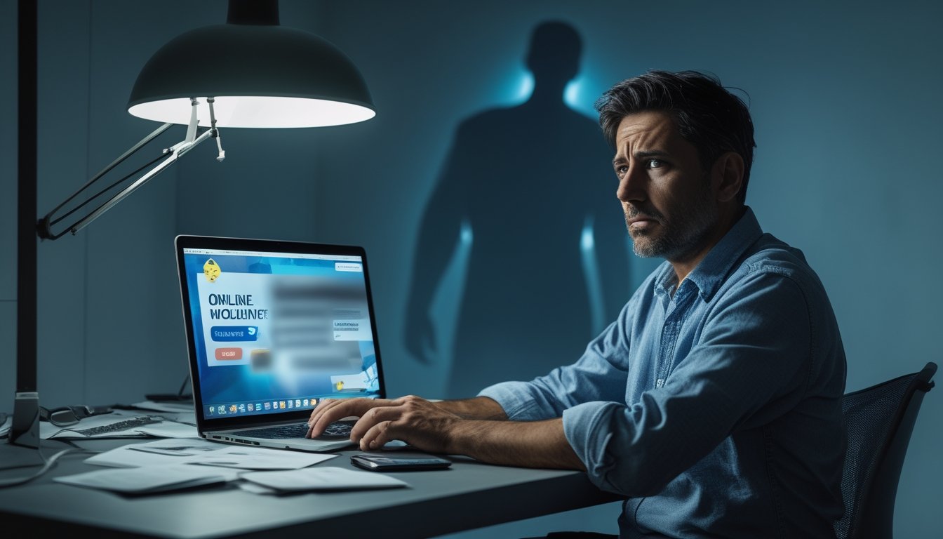 Seorang pria duduk di meja dengan ekspresi cemas melihat layar laptop yang menampilkan situs togel online, dengan suasana yang serius dan peringatan di sekitar meja.