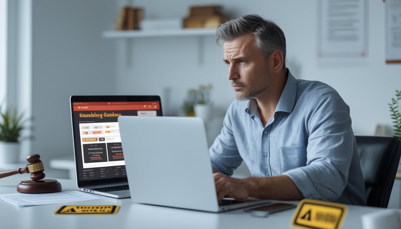 Seorang pria duduk di depan laptop dengan ekspresi cemas, di meja terdapat dokumen hukum dan palu hakim, menggambarkan risiko hukum menggunakan situs togel online tidak resmi.