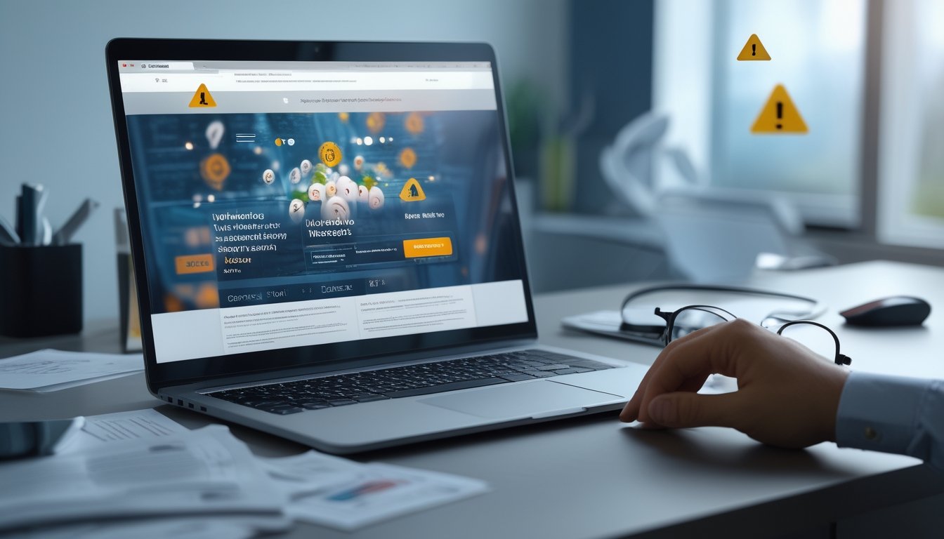 Seseorang duduk di depan laptop dengan tampilan situs togel yang mencurigakan, tangan terulur ragu-ragu, di meja terdapat ponsel dengan notifikasi peringatan dan dokumen tersebar.