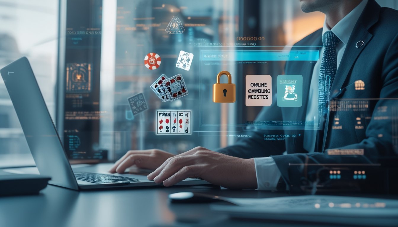 Seorang pejabat pemerintah sedang meninjau dokumen digital di kantor dengan simbol perjudian online dan ikon penguncian yang menunjukkan regulasi ketat terhadap situs perjudian daring.