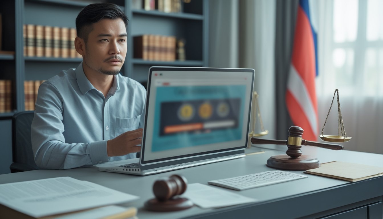 Seorang pria Indonesia duduk di meja dengan laptop, di meja terdapat palu hakim dan timbangan keadilan, latar belakang bendera Indonesia dan rak buku hukum.