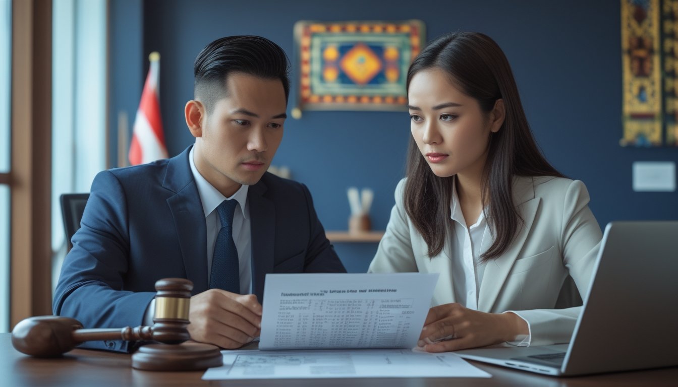 Dua orang profesional sedang berdiskusi di kantor dengan dokumen hukum dan laptop di atas meja.