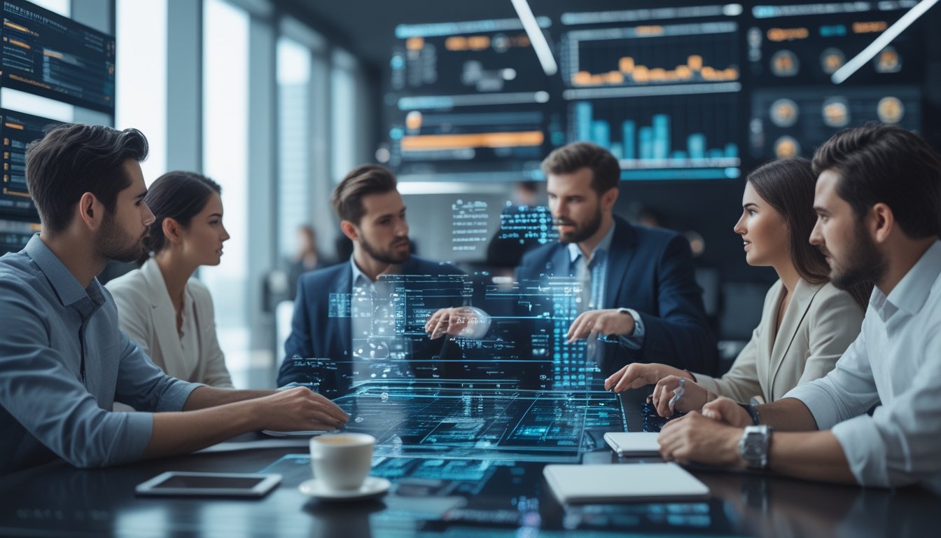 Sekelompok profesional sedang berdiskusi di kantor modern dengan layar digital yang menampilkan grafik dan data analisis.
