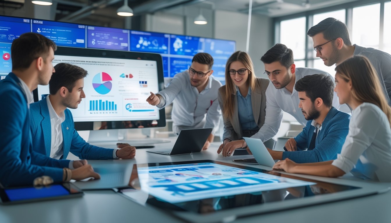 Sekelompok profesional muda bekerja sama di kantor modern dengan layar digital besar yang menampilkan data dan grafik pemasaran online.