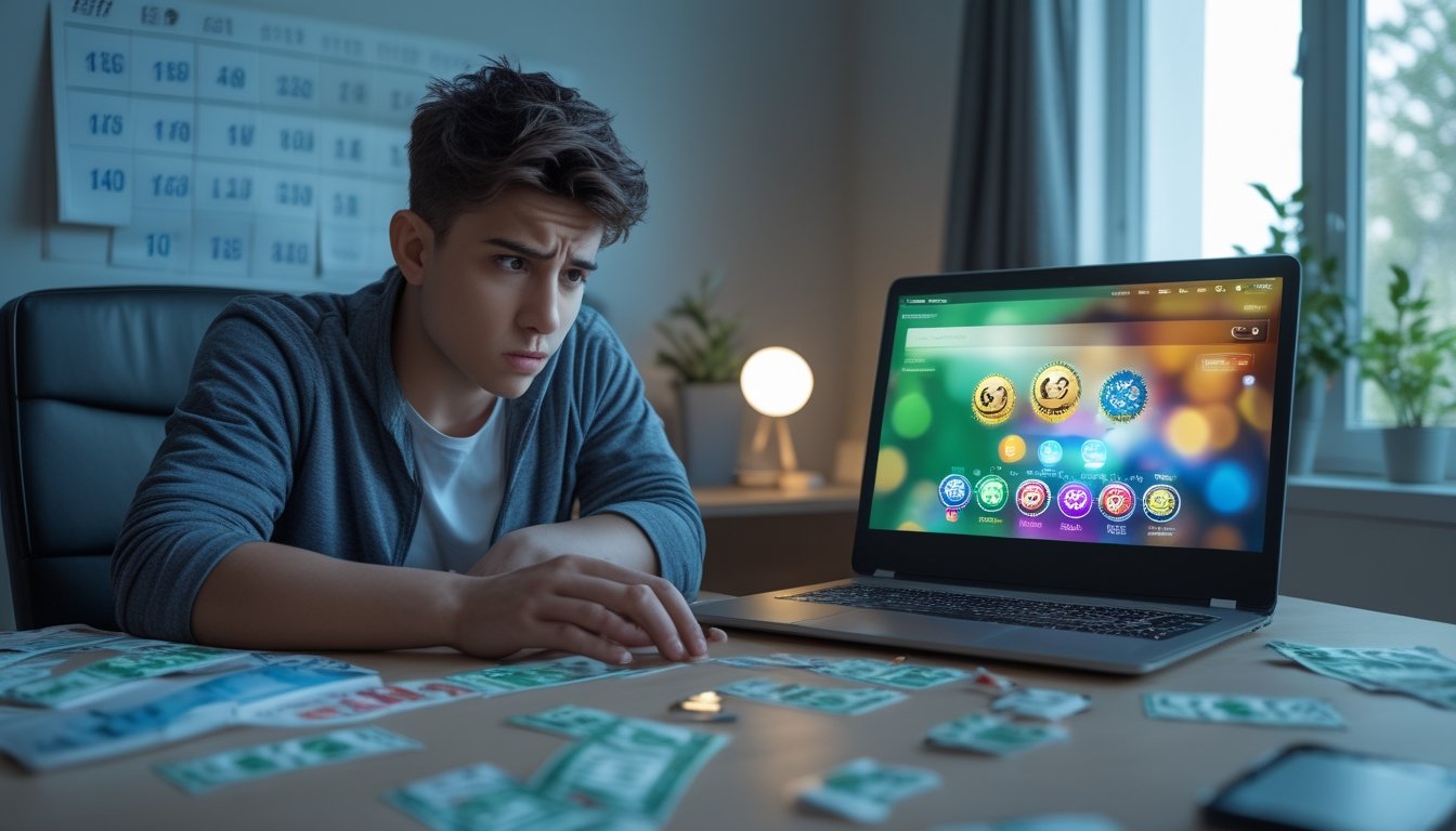 Seorang dewasa muda duduk di meja dengan ekspresi khawatir, melihat layar laptop yang menampilkan situs togel online, di sekitar meja terdapat tiket togel dan ponsel, serta kalender aktivitas sehat di dinding.